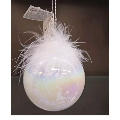 Pallina di Vetro Bianco Perlata con Piume per Albero di...