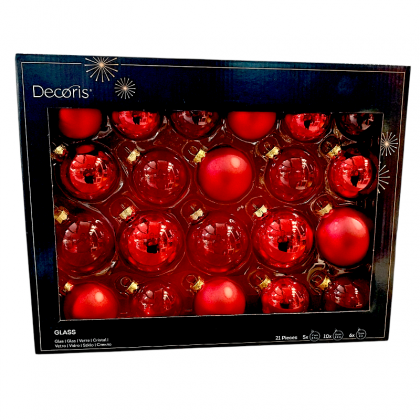 Set 21 Palline Natale in vetro rosso, assortite, Decoris