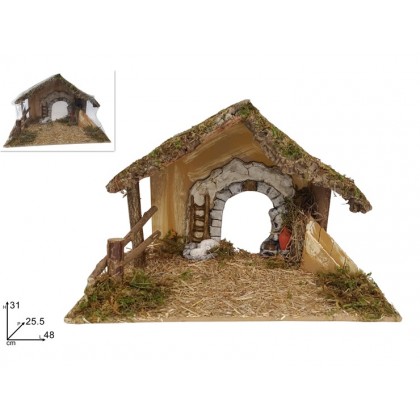 Capanna artigianale per presepe legno e sughero con portico