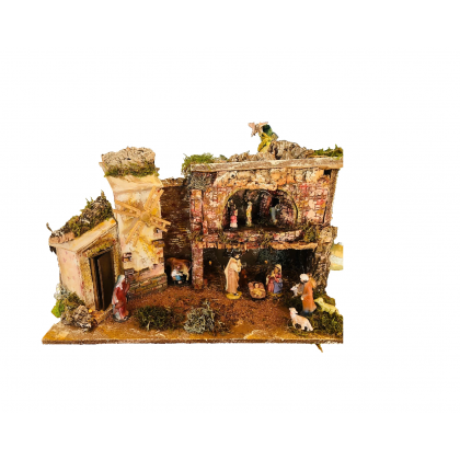 Presepe Artigianale in Sughero con Mulino a Vento elettrico