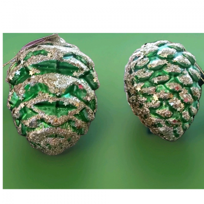 2 Palline di Natale in Vetro Forma Pigna colore Verde...