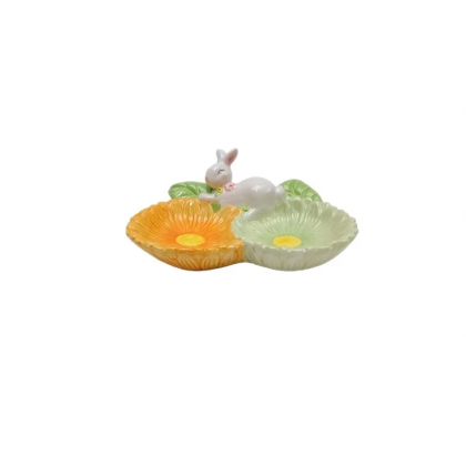 Vassoio forma Fiore 2 posti con coniglietto in Ceramica