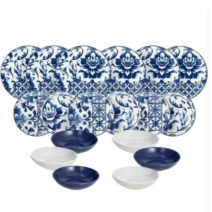 Servizio Piatti 18 Pezzi Madison Ortigia Blu-Bianco Tognana