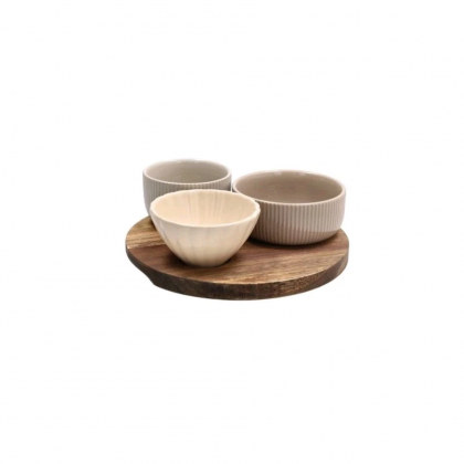 Set 3 Ciotole in Ceramica con Vassoio Legno Tapas Plume...